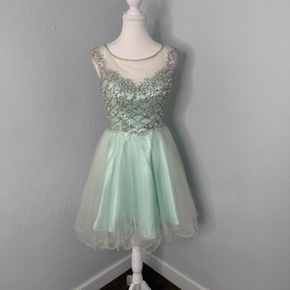 Clarisse Mint Beaded Homecoming Dress Size 2 Illusion Neck Rhinestone‎ Fit Flare